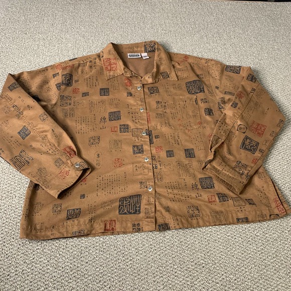 Chico's Womens Blouse Shirt Size 3‎ Brown Japanese Character Print Button Up - Picture 5 of 10